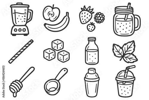Icon set of smoothie ingredients and tools including blender, fruits, straw, and jar.