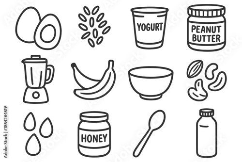 Outline icons of eggs, seeds, yogurt, peanut butter, blender, bananas, bowl, nuts, honey, spoon, water bottle.