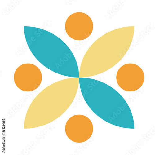 Abstract graphic design featuring stylized human-like figures or petals in a circular arrangement, symbolizing connection, community, growth, and natural harmony with vibrant colors