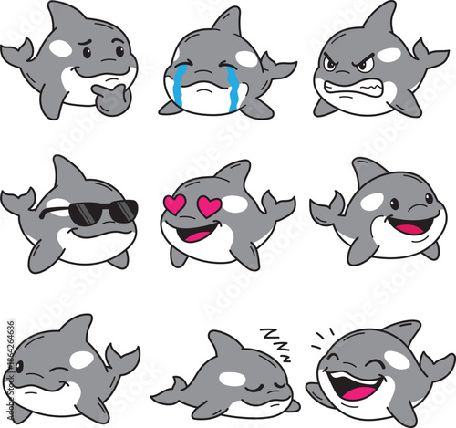 Cute Funny Cartoon Orca Animal Face Set Collection