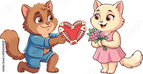 Cute Cartoon Cat Couple Celebrating Valentine's Day with Fish Bone Heart and Flowers Vector Illustration