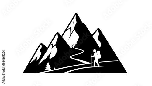 Vector illustration set of camping and mountain icons featuring a summer tent design, desert pyramids under the sun, and snow capped peaks for nature travel and Egyptian tourism symbols