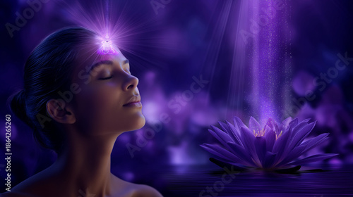 Wallpaper Mural Faceless spiritual woman with glowing purple lotus at the forehead, crown chakra awakening, violet stream of consciousness connecting upward, monochrome purple background, soft def Torontodigital.ca