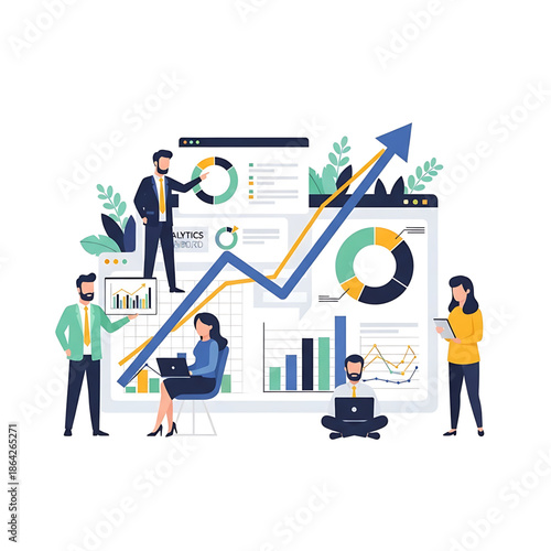 Business analytics and data visualization team collaborating on financial growth charts and graphs with digital interfaces