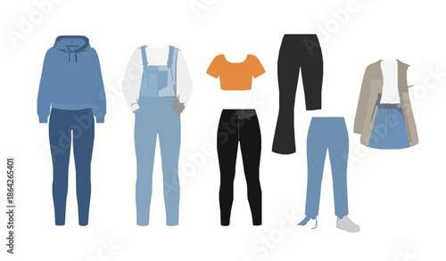 Casual denim jeans vector outfit set isolated on white background for fashion and clothing illustrations
