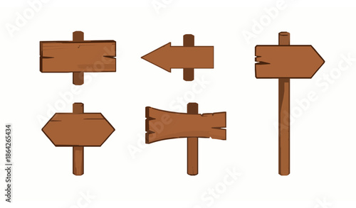 Wooden way sign vector set isolated on white background for outdoor, travel, and navigation illustrations
