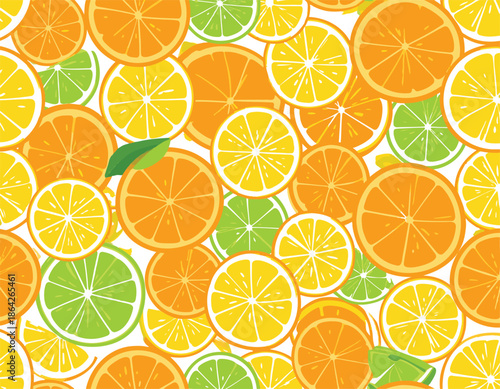 Vibrant citrus fruit slices in orange, lemon, and lime on white background
