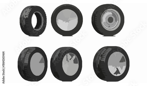 3D realistic tire and alloy wheel vector set isolated on white background for automotive, truck, and car illustrations