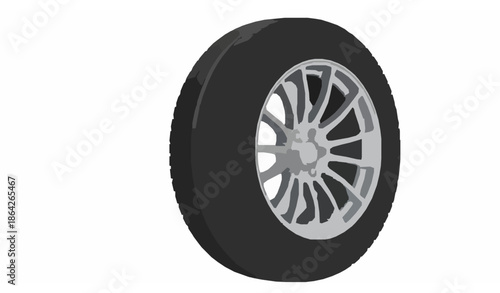 High-detail realistic tire vector illustration isolated on white background with 3D alloy wheel for automotive graphics