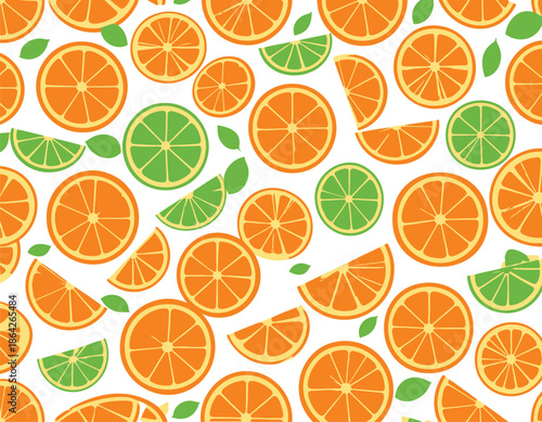 Vibrant citrus fruit slices in a colorful pattern on white