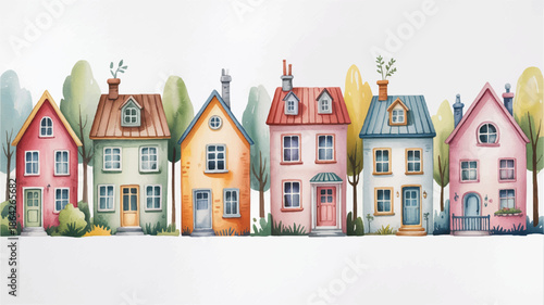 colorful houses in a row with trees and bushes