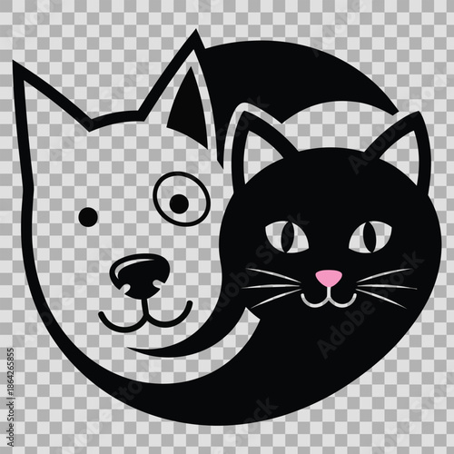 Black and white cartoon cats head in yin yang symbol
