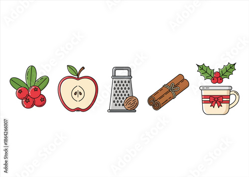 Festive Favor Linear Icon Set with Cranberry, Apple Slice, Nutmeg, Cinnamon and Holly Leaf