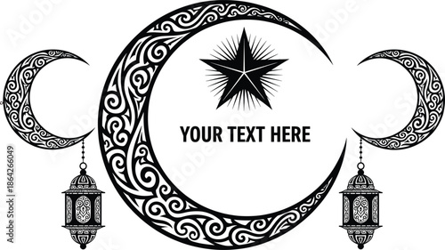 Islamic Decorative Crescent Moon and Hanging Lanterns Set Featuring Intricate Floral Patterns and Star for Ramadan Kareem and Eid Mubarak Celebrations