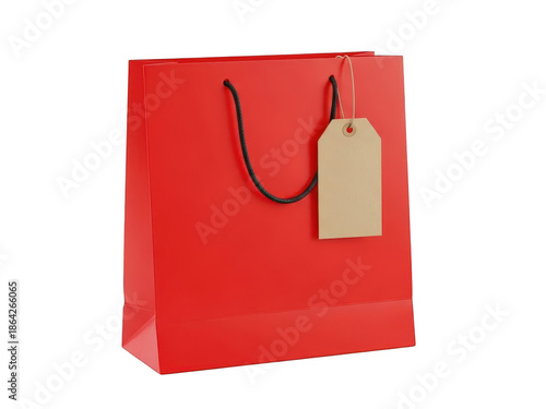 Bright red shopping bag with paper tag isolated on transparent background