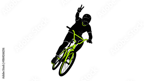BMX rider in mid-air performing a trick with peace sign