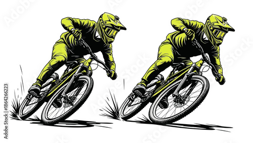 Professional mountain bikers racing down a rugged trail