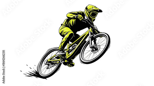 Professional cyclist in action riding yellow bicycle downhill