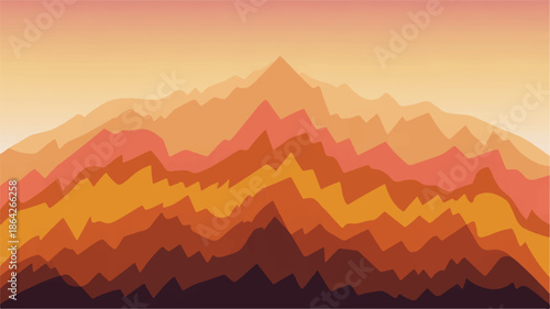 Colorful layered mountain range landscape with orange hues and gradient sky