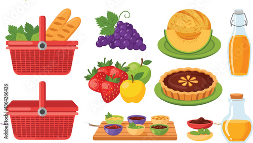 Picnic Basket Collection with Fresh Grapes Strawberries Apples Gourmet Tart Bread Honey and Dipping Sauces for Outdoor Dining and Food Lifestyle Design