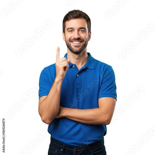 Man in blue polo shirt holding up one finger isolated on transparent background