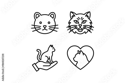 Black line drawing set of cats and human hand with heart cat