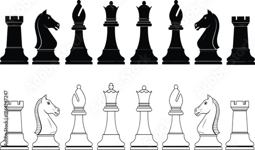 Chess pieces vector, black and white icons, strategic game setup, rook knight bishop queen king, silhouette and outline illustration