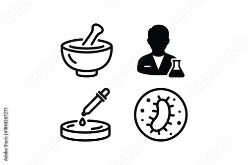 Black icons depicting scientist, medical and pharmaceutical related equipment and a virus
