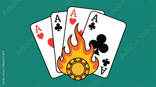 Four aces playing cards with poker chip and flames on green background