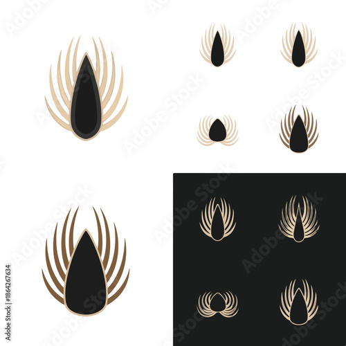 Collection of modern, abstract logo designs featuring teardrop shapes with curved lines in gold and black on white and black backgrounds.