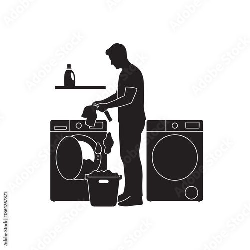 silhouette of person doing laundry white background