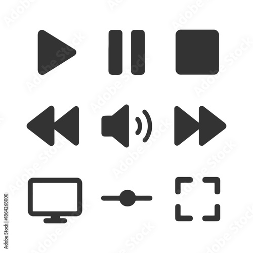Media control icons set: play, pause, stop, rewind, fast forward, volume, display.