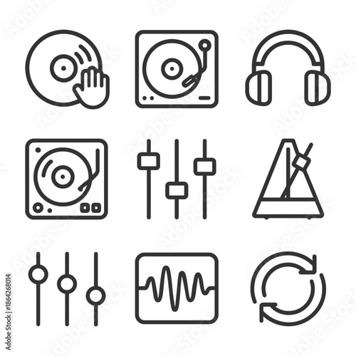 Dj equipment and music production icons set.
