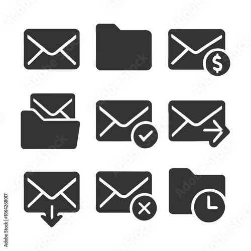 Email and folder icon set for digital communication and file management.