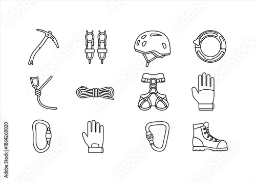 Climbing Gear Silhouette Icon Set with Essentials for Mountaineering and Safety