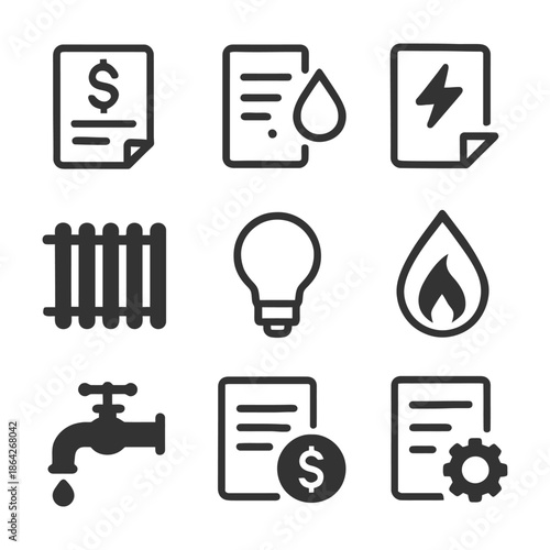 Utility icons set: bill, water, electricity, heating, light, gas, tap, payment, settings.