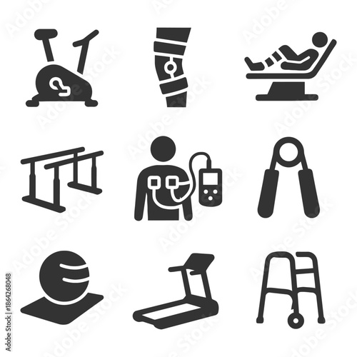 Collection of fitness and rehabilitation equipment icons in black silhouette.