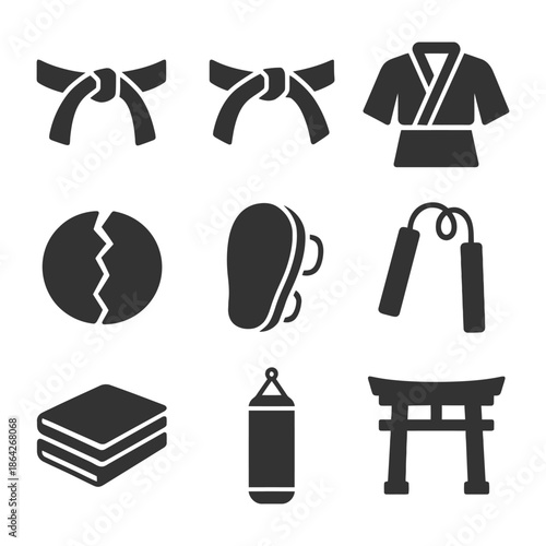 Martial arts icons: belts, gi, nunchaku, and more.