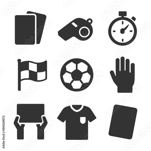 Soccer icon set: cards, whistle, stopwatch, flag, ball, hand, jersey.