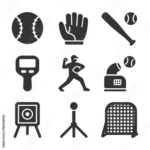 Baseball equipment icons set: bat, ball, glove, pitcher, net.