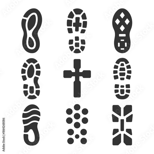 Collection of various shoe sole patterns and designs.