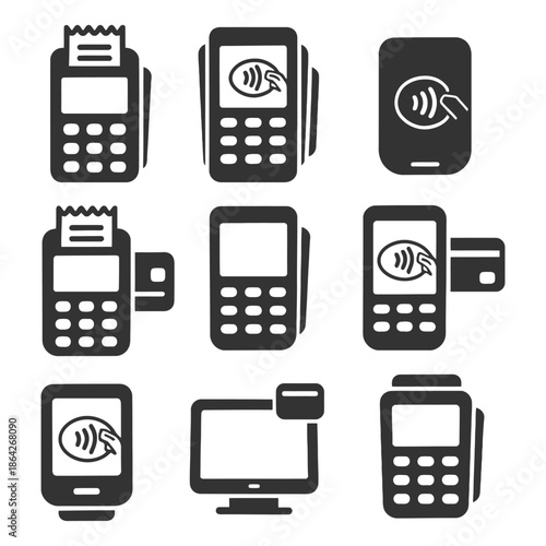 Set of contactless payment icons featuring various payment devices.
