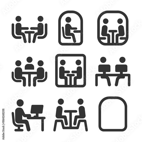 Set of vector icons depicting people in various meeting and workspace scenarios.