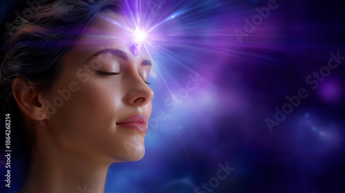 Wallpaper Mural Faceless spiritual woman with glowing purple drop at pineal point, crown chakra activation, psychedelic abstract purple background, mystical symbolism, soft blur, with copy space Torontodigital.ca