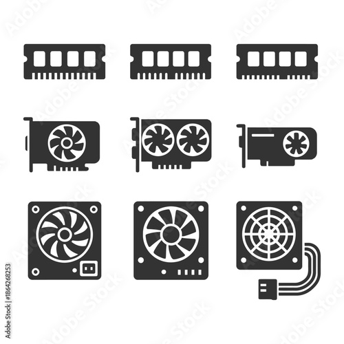 Computer hardware icons featuring ram, graphics card, and cooling fan in black and white.