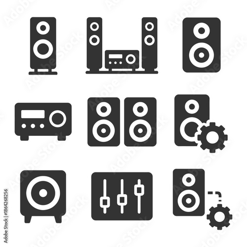 Home audio equipment icons: speakers, stereo, subwoofer, equalizer, settings.