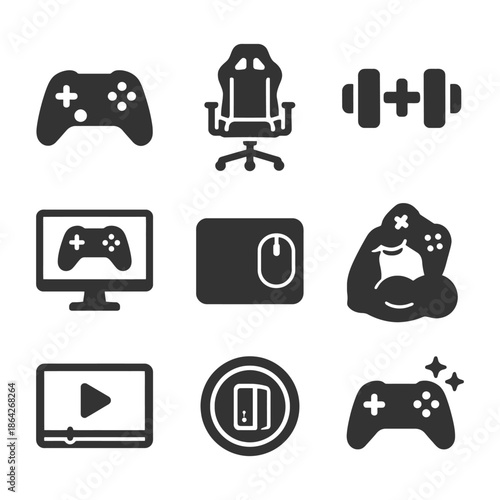 Gaming and fitness icons set featuring controllers and equipment.