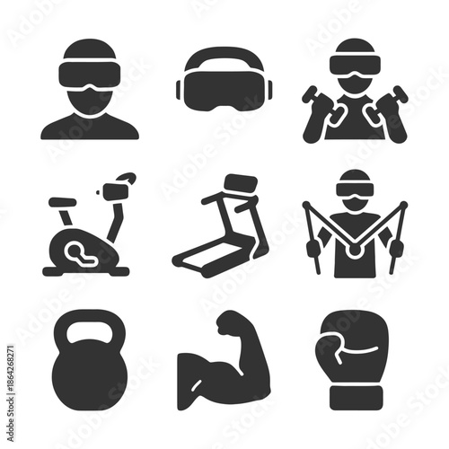 Fitness and virtual reality icons for exercise and training activities.