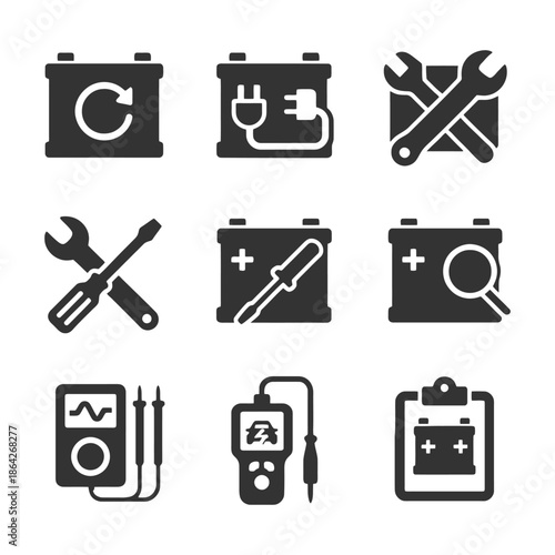 Battery icons featuring charging, maintenance, and testing tools in black and white style.