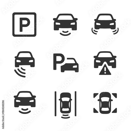 Car parking and sensor icons with alert symbols.